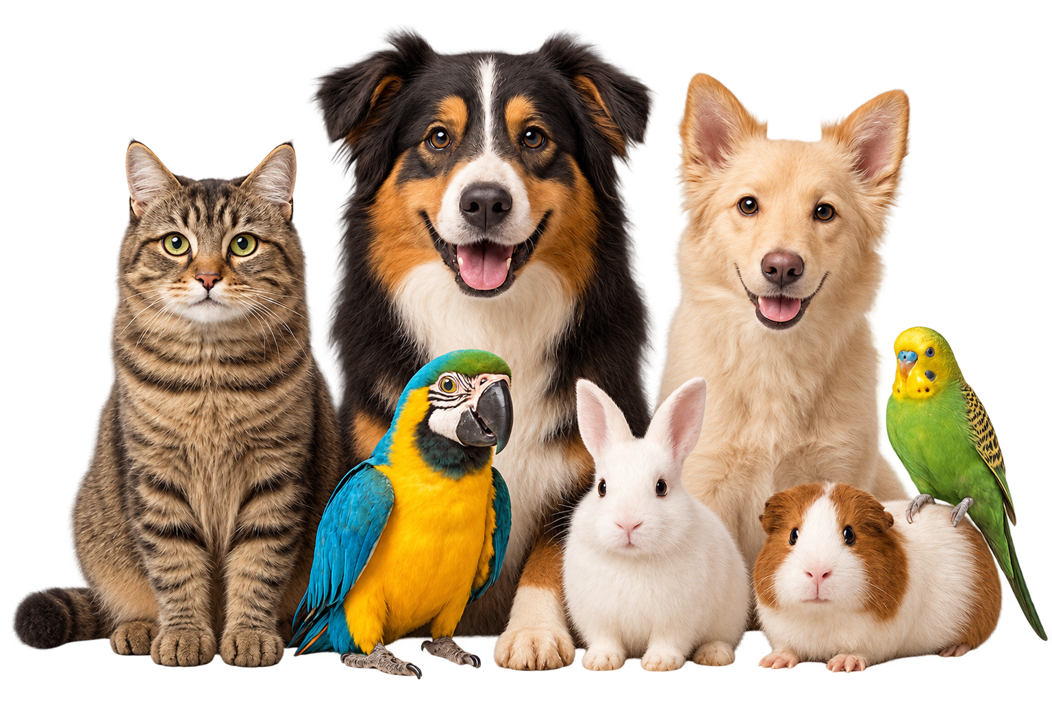 Cães, gato, aves, coelho e porquinho-da-índia no banner da Clínica KM18